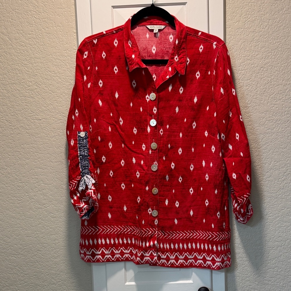 John Mark Red Button-Front Patterned Women’s Top